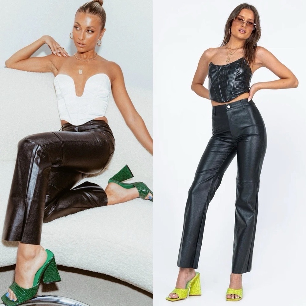 PRINCESS POLLY Black Faux Leather Cotton Straight High Rise Pants Macey Raw Hem